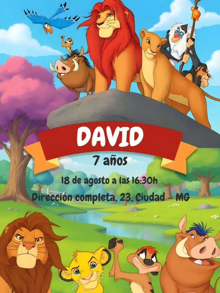 Invitación El Rey León Negro – tema Cumpleaños Infantil tonos terrosos, estilo divertido, elementos de la selva, inspirado en la animación, diseño lúdico