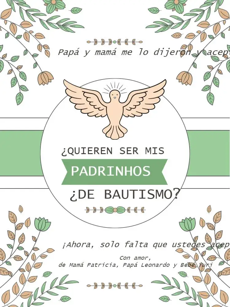 Invitación Para Padrinhos De Bautismo Floral Verde Religioso – tema Baby Shower floral, delicado, infantil, verde, religioso, lúdico