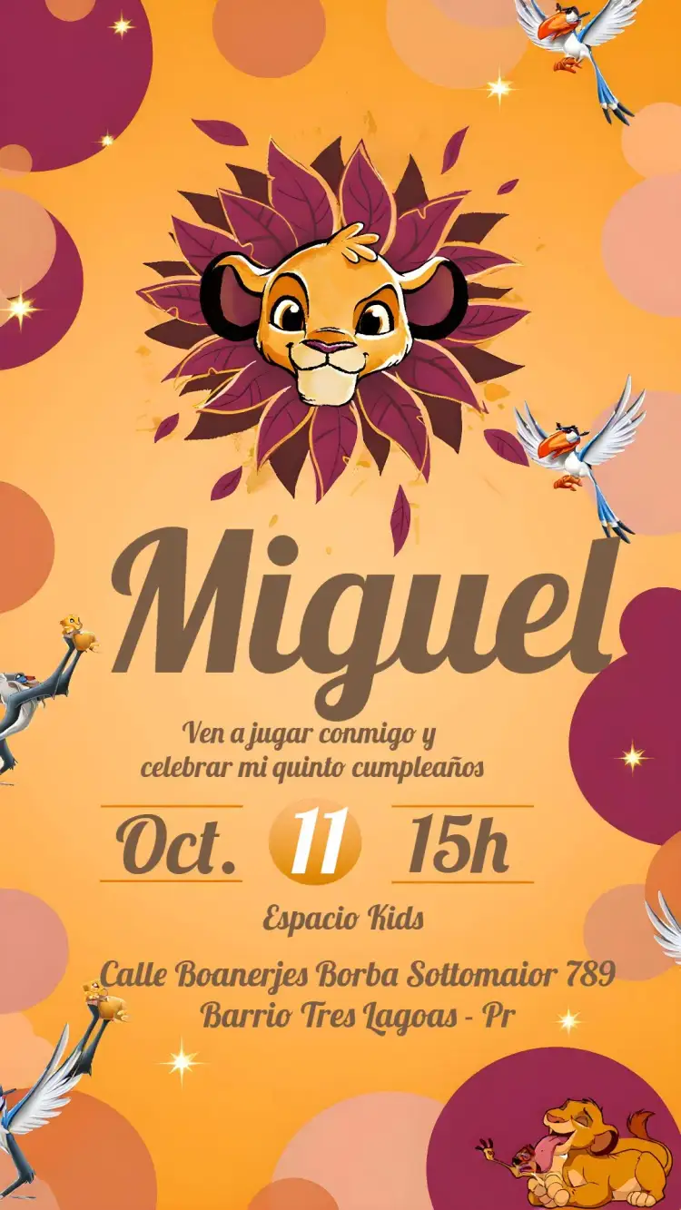 Invitación Rey León Rojo – tema Cumpleaños Infantil vibrante, animales, sabana, colorido, divertido, acuarela