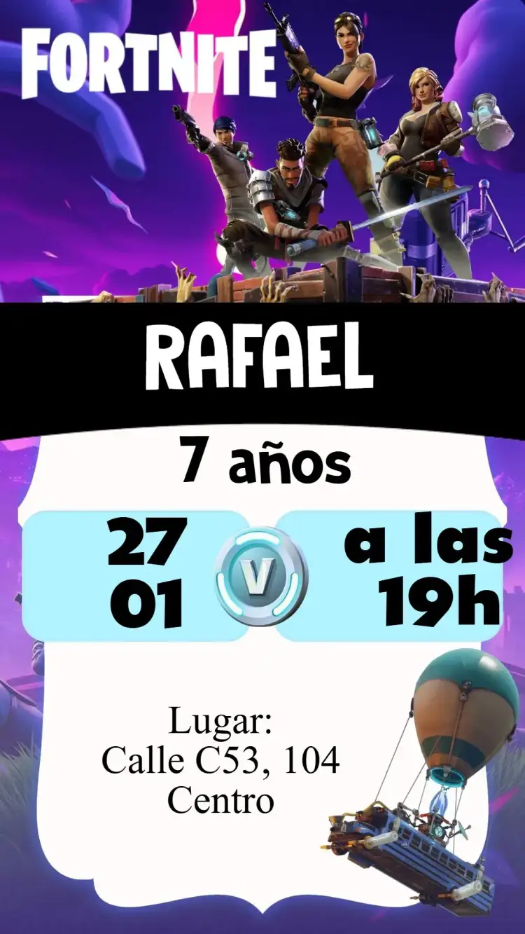 Invitación Fortnite – tema Cumpleaños jugador, colorido, moderno, divertido, temático