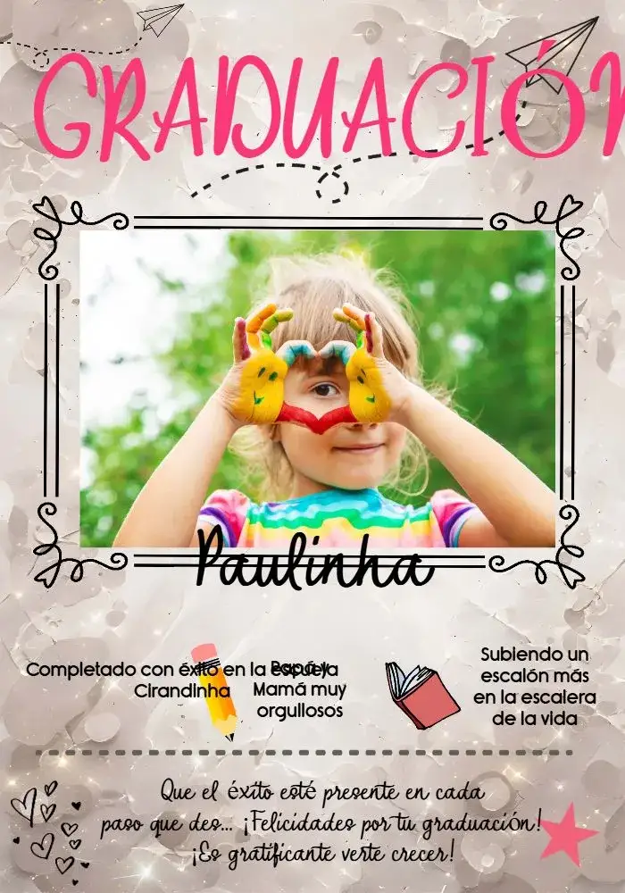 Invitación Graduación Infantil Con Foto Estrella – tema Graduación rosa, gris, negro, estrella, lápiz, libro
