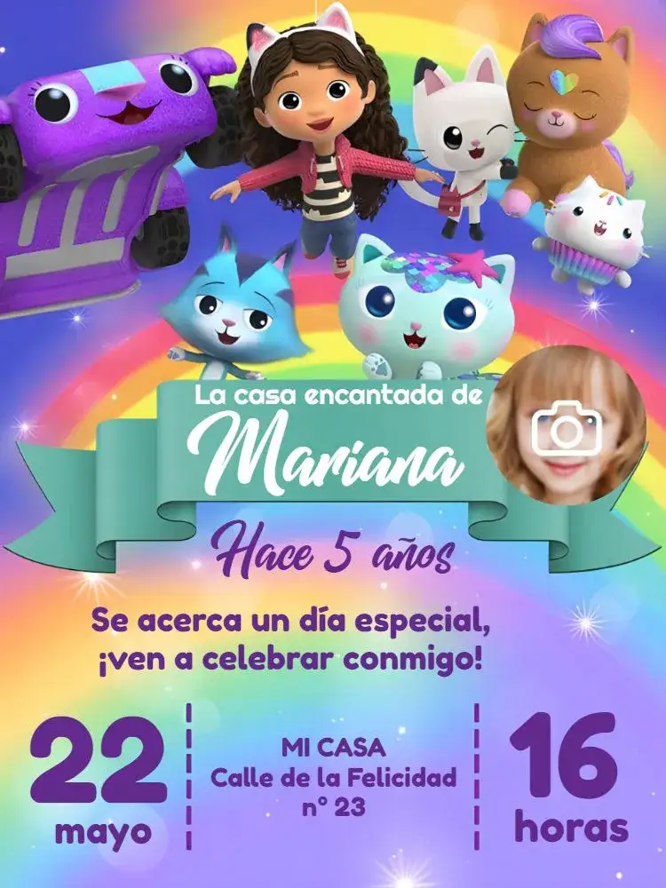 Invitación La Casa Mágica De Gabby Con Foto Box – tema Más buscados rosa, púrpura, mágico, infantil, fantasía