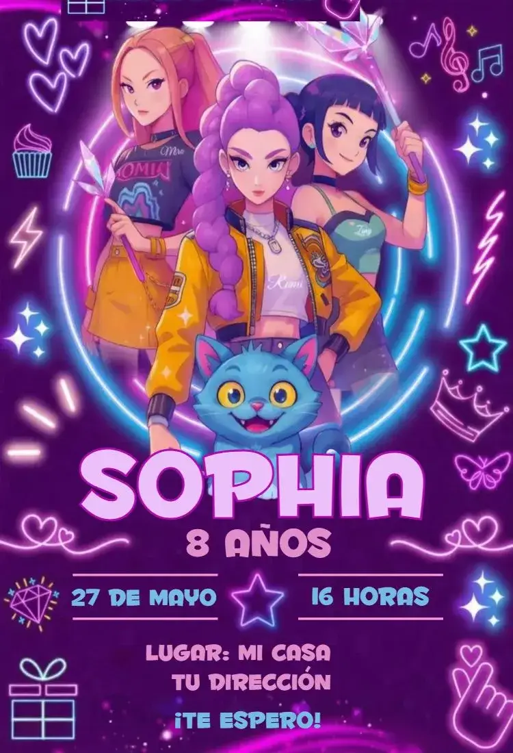 Invitación Guerreras del Kpop 24 – tema Cumpleaños colorido, moderno, pop, jovial, divertido, inspirado en Kpop