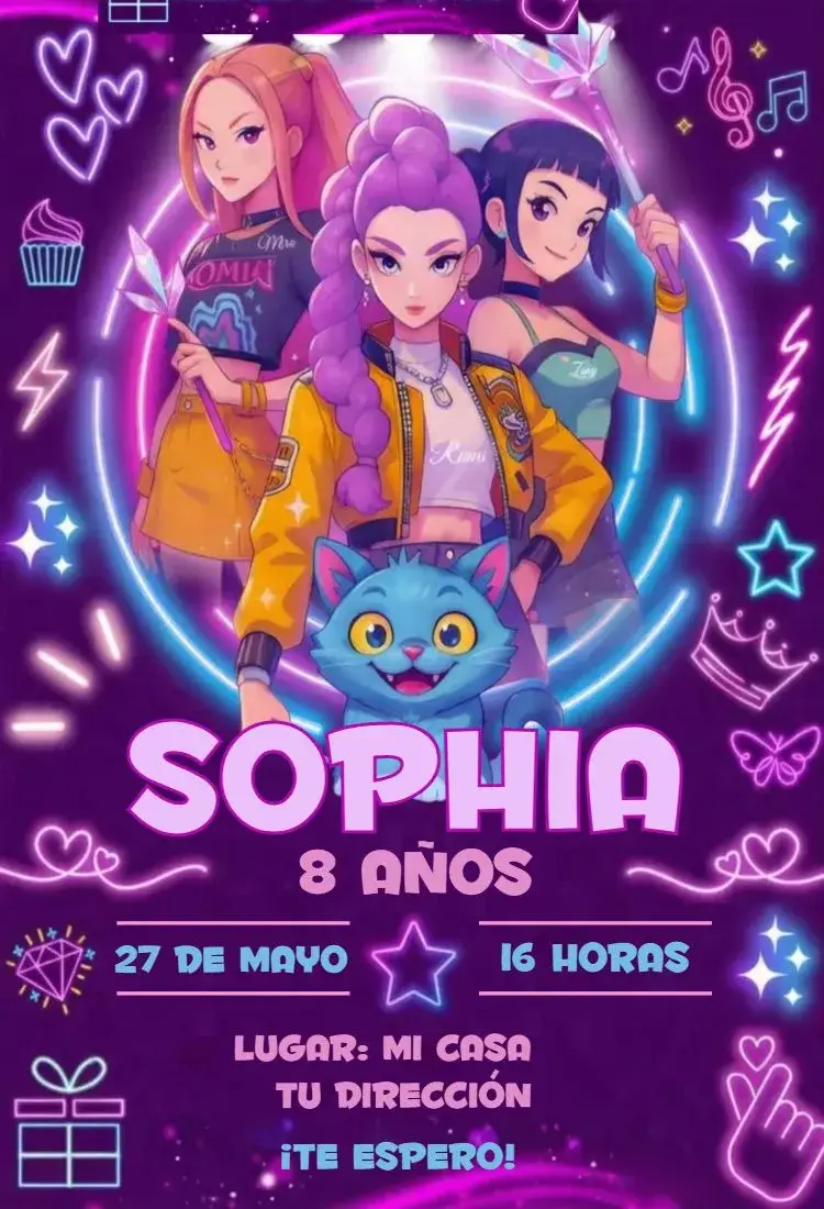 Invitación Guerreras del Kpop 24 editable y personalizable