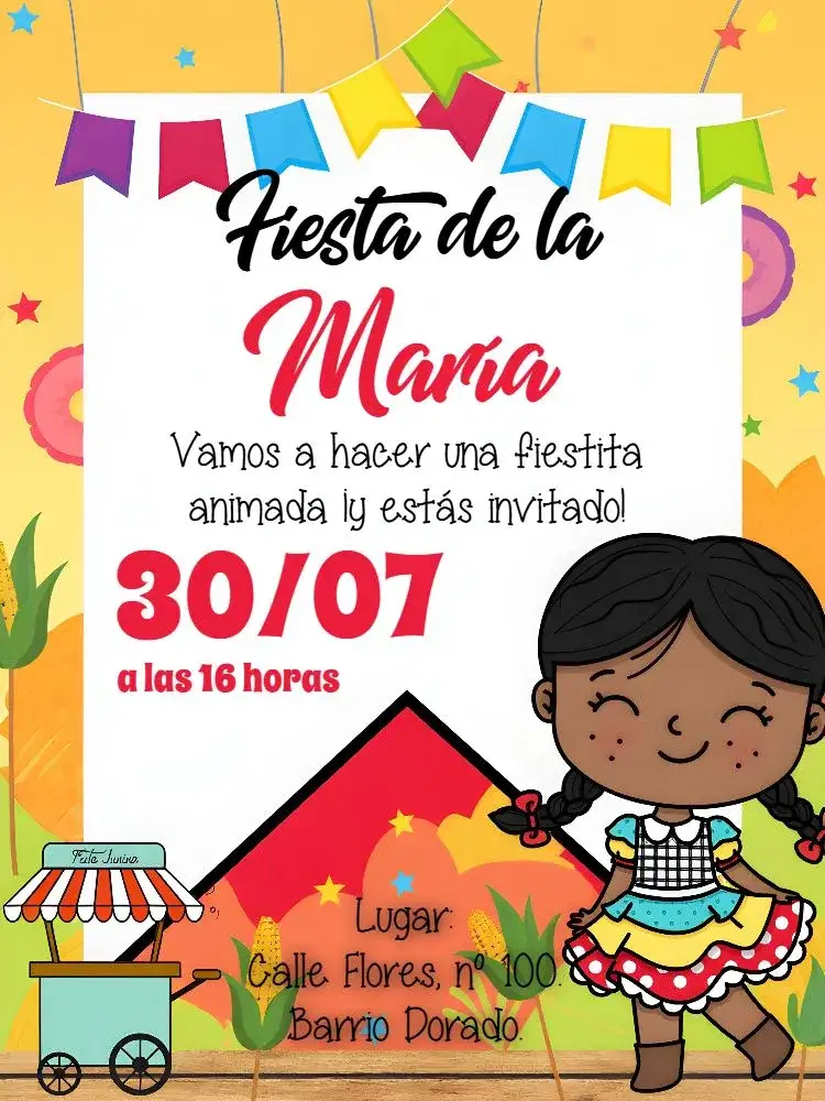 Invitación Arraiá Fiesta Junina Rojo – tema Fechas Conmemorativas rojo vibrante, estilo junino, banderitas, elementos gráficos festivos, colores cálidos, diseño alegre