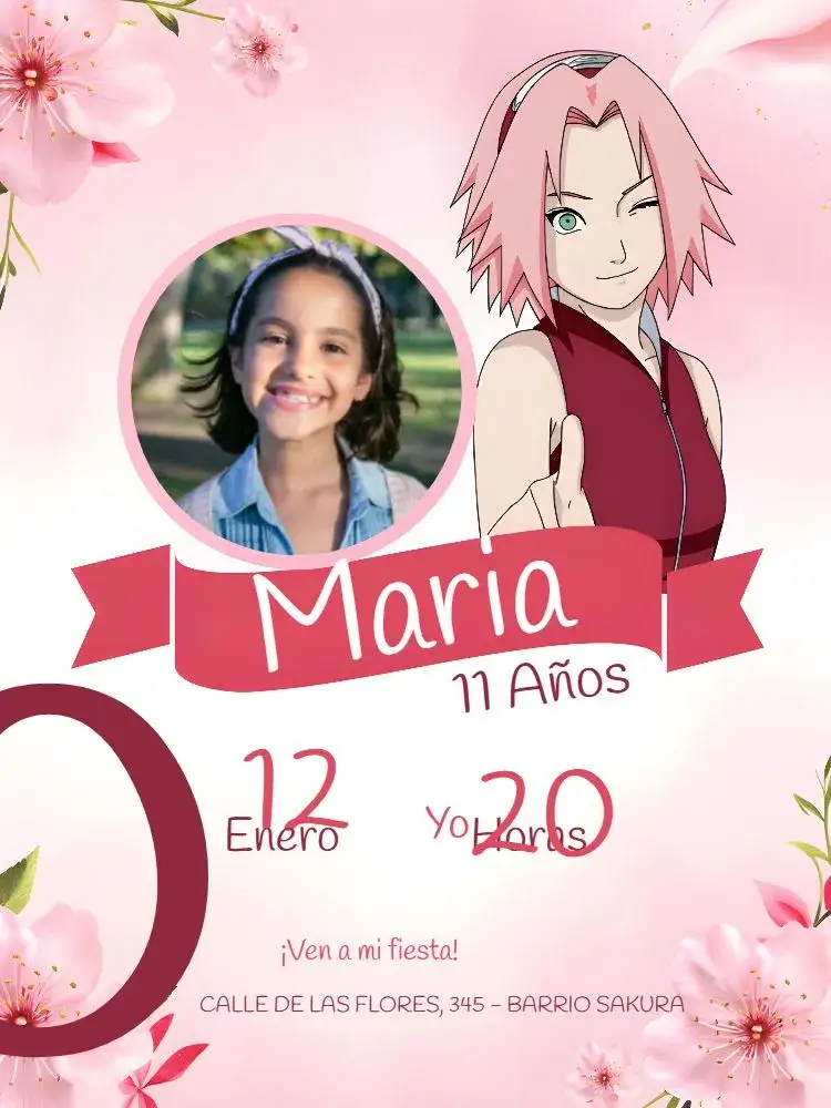 Invitación Sakura Naruto Con Foto Salmón – tema Cumpleaños Infantil floral, temático, moderno, colorido, infantil, divertido