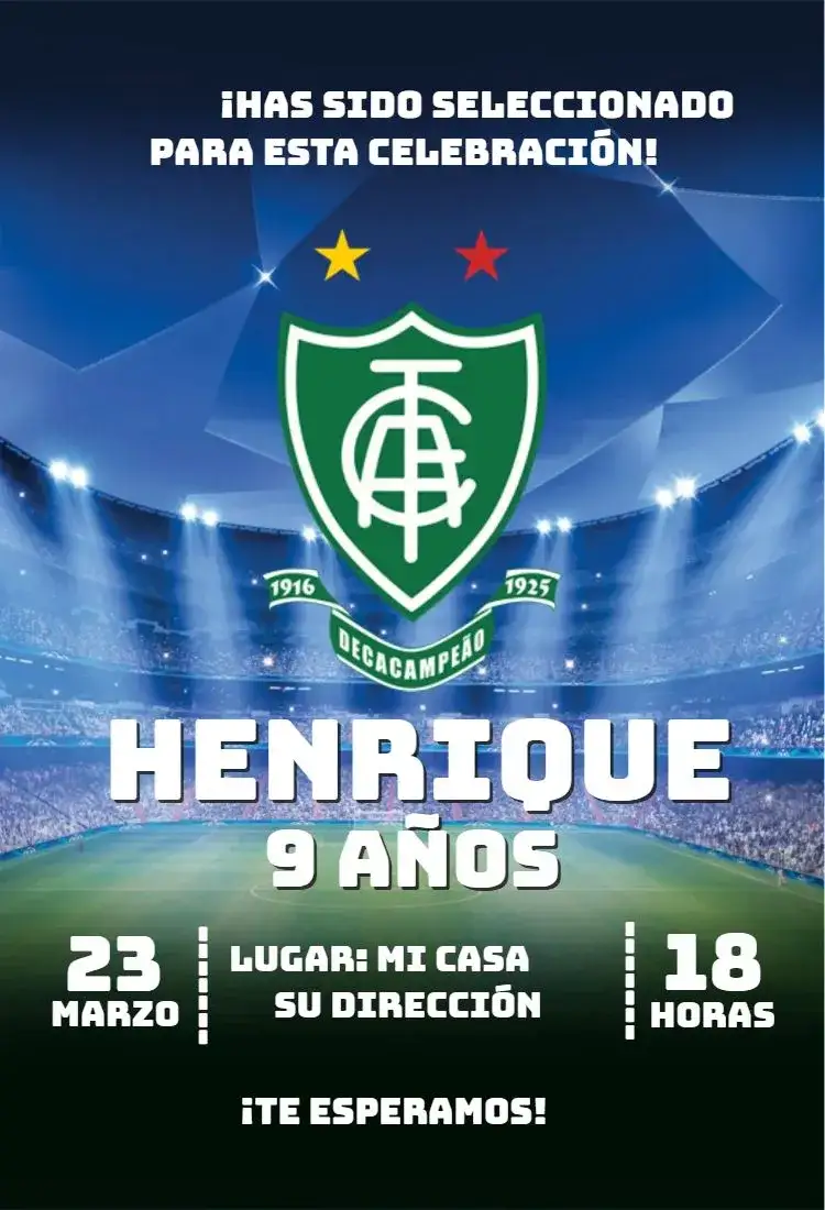 Invitación América Mineiro 4 – tema Cumpleaños deportivo, vibrante, moderno, colorido, fútbol, divertido