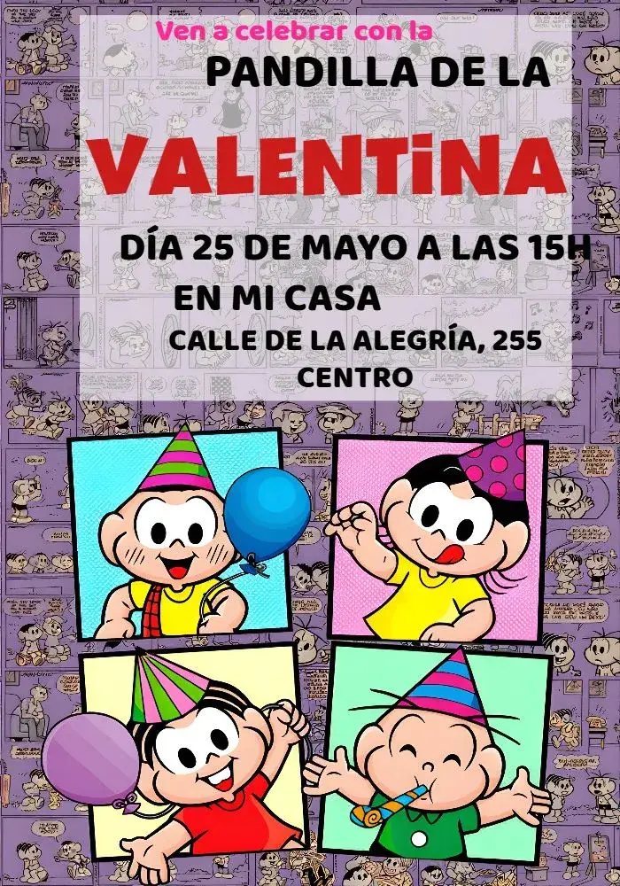 Invitación Turma Da Mónica editable y personalizable