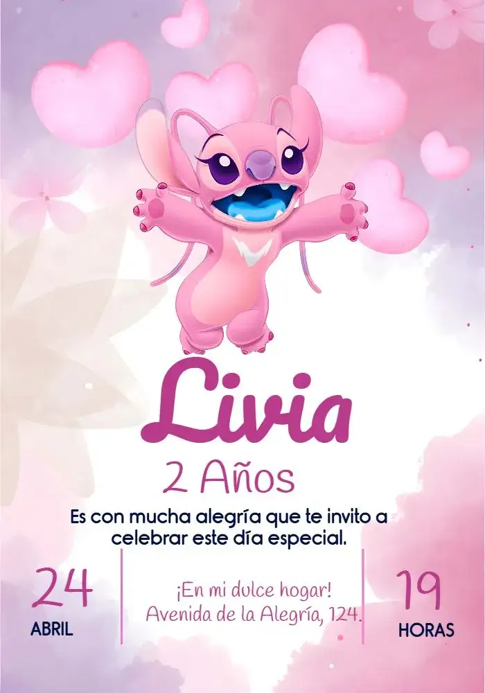 Invitación Angel Stitch Rosa – tema Más buscados colorido, infantil, romántico, lúdico, floral