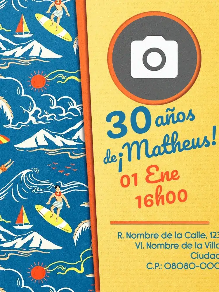 Invitación Virtual 30 Años - Playa Mar – tema Cumpleaños Infantil playa, verano, tropical, divertido, colorido, vibrante