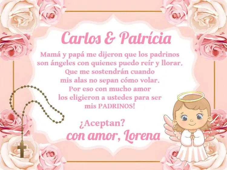 Invitación Padrinos De Bautismo Angelito Iglesia – tema Bautismo delicado, religioso, infantil, moderno, rosa y blanco