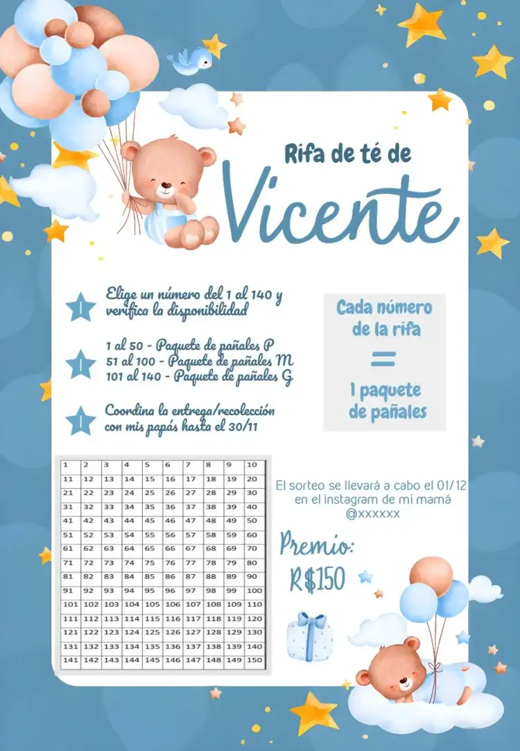 Invitación Chá Rifa Osito Globos Azul – tema Té Rifa azul suave, osos adorables, globos de colores, estilo aviador, elementos infantiles, tema divertido