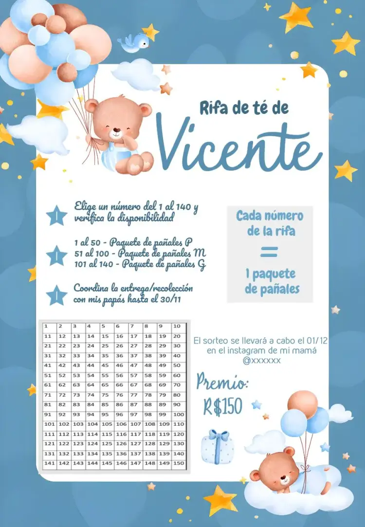 Invitación Chá Rifa Osito Globos Azul