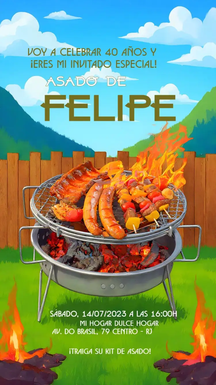 Invitación Barbacoa de Carne – tema Cumpleaños moderno, casual, colorido, gráfico, descontraído, temático