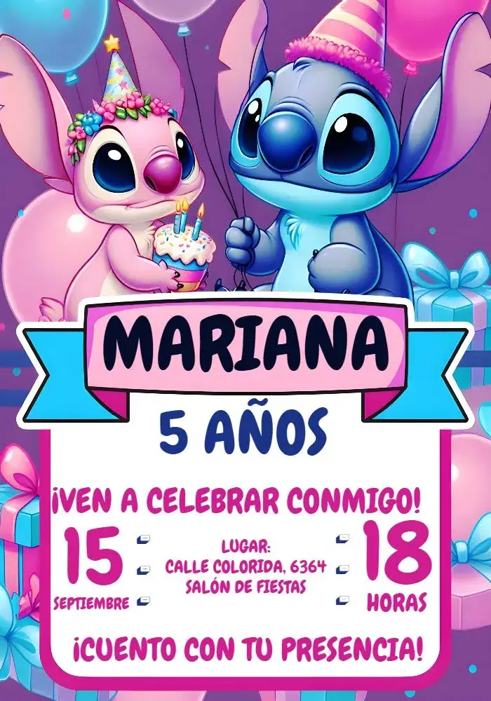 Invitación Stitch E Angel Chica – tema Más buscados rosa, rosa, divertido, infantil, Disney, colorido