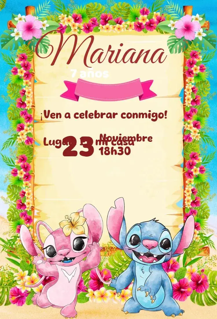 Invitación invitación digital de Stitch y Angel – tema Cumpleaños moderno, lindo, kawaii, colorido, delicado