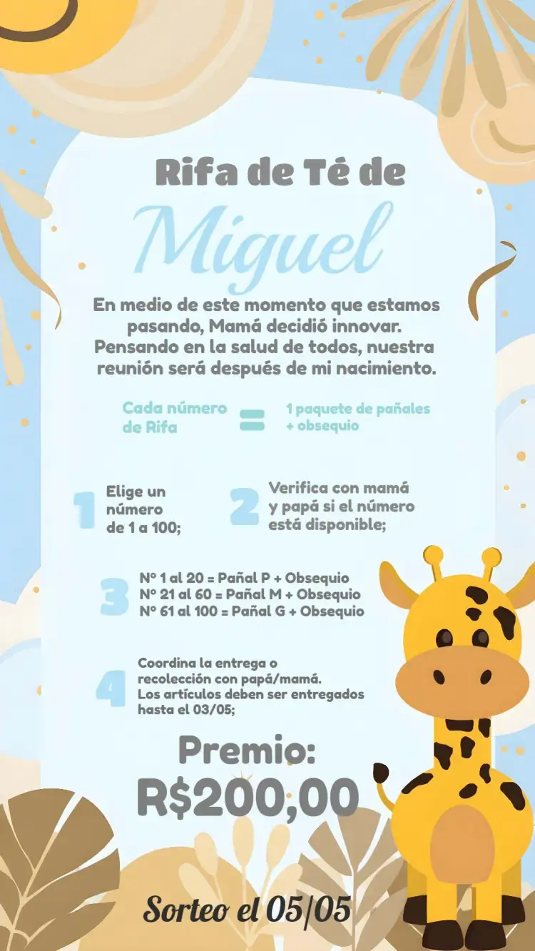 Invitación Té Rifa Jirafita Cha – tema Té Rifa safari, infantil, lúdico, moderno, suave, temático