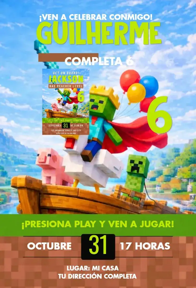 Invitación Minecraft 6 – tema Cumpleaños colorido, juegos, aventura, minecraft, diversión, infantil