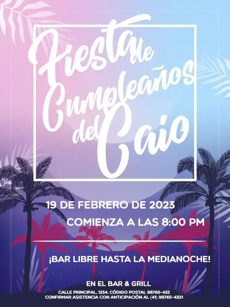 Invitación Fiesta Tropical Masculina – tema Cumpleaños Infantil tropical, moderno, colores vibrantes, palmeras, divertido, playero