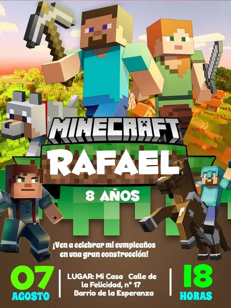 Invitación Minecraft Verde – tema Más buscados Minecraft, colorido, divertido, juegos, aventura, infantil