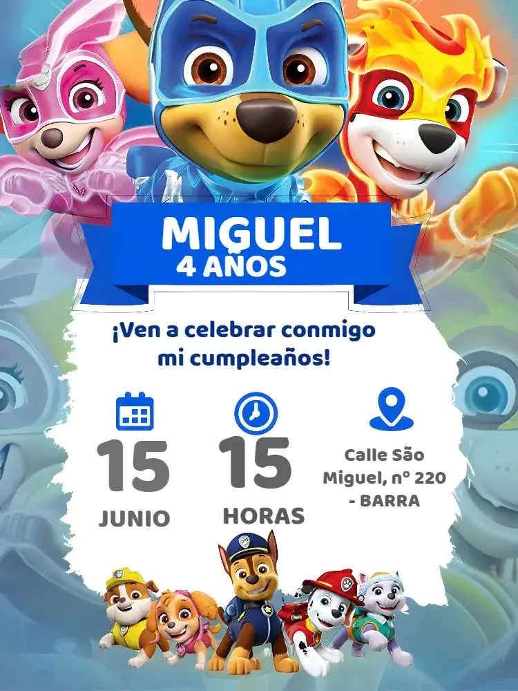 Invitación Patrulla Canina – tema Cumpleaños Infantil colorido, divertido, temático, infantil, aventurero