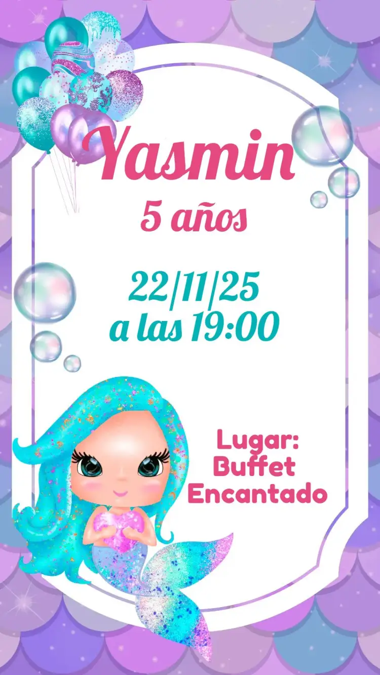 Invitación Sirena – tema Cumpleaños Infantil azul marino, colorido, divertido, lúdico, fantasía