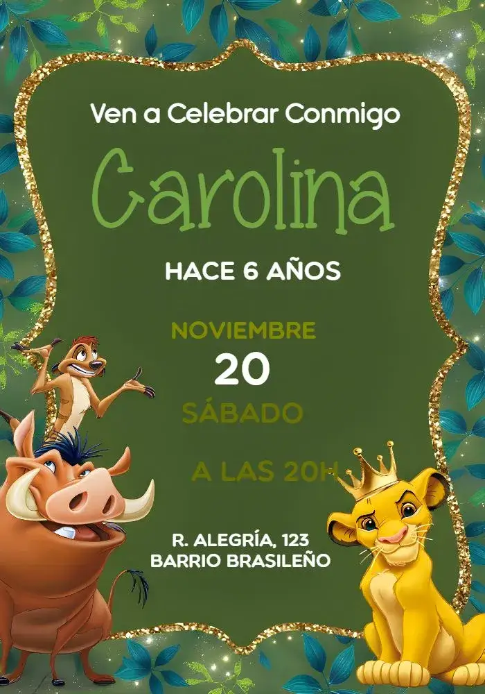 Invitación Rey León King – tema Cumpleaños Infantil colores vibrantes, estilo lúdico, elementos de la sabana, ilustraciones coloridas, tema Disney, diseño alegre