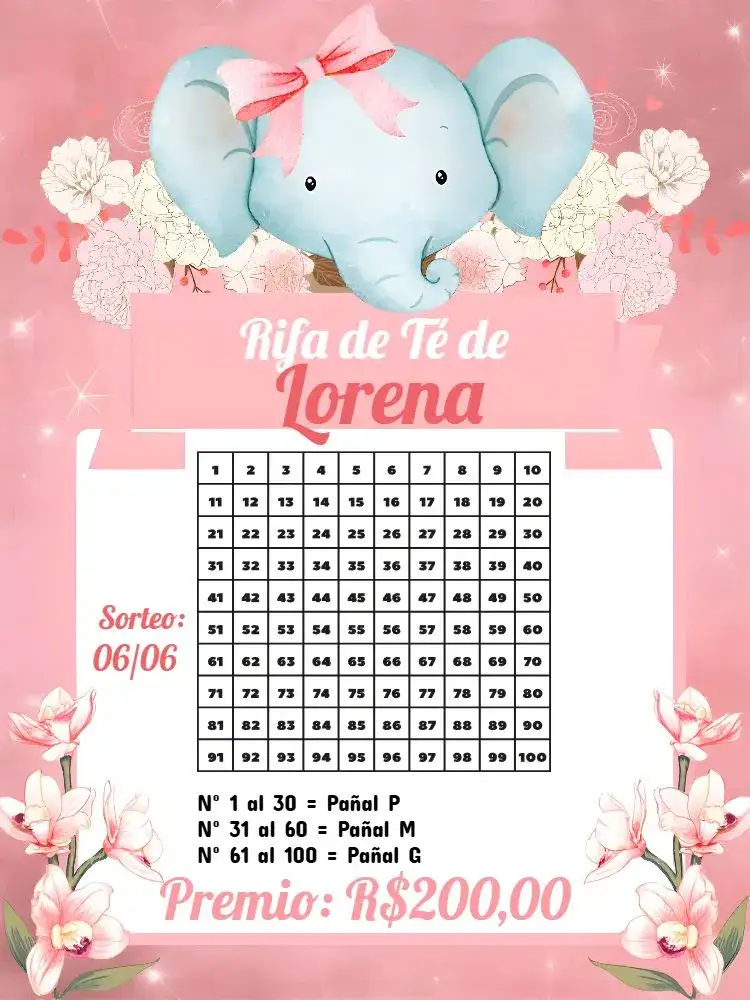 Invitación Té Rifa Elefantita Rosa – tema Té Rifa safari, infantil, lúdico, rosa y verde, estampado animal, moderno