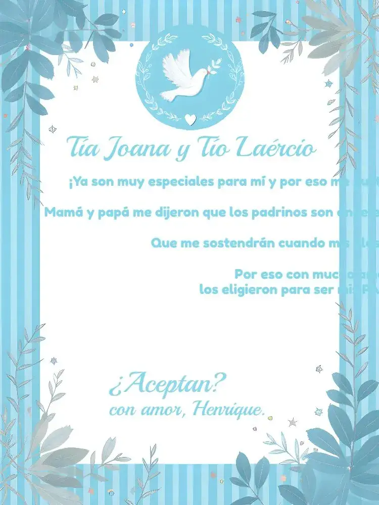 Invitación Bautizo Padrinos Angel Religión editable y personalizable