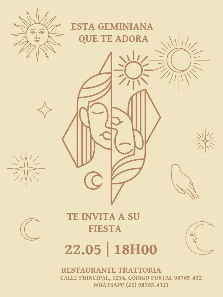 Invitación Signos Géminis Estrella – tema Cumpleaños Infantil místico, delicado, zodíaco, colores pastel, estrellas, diseño moderno