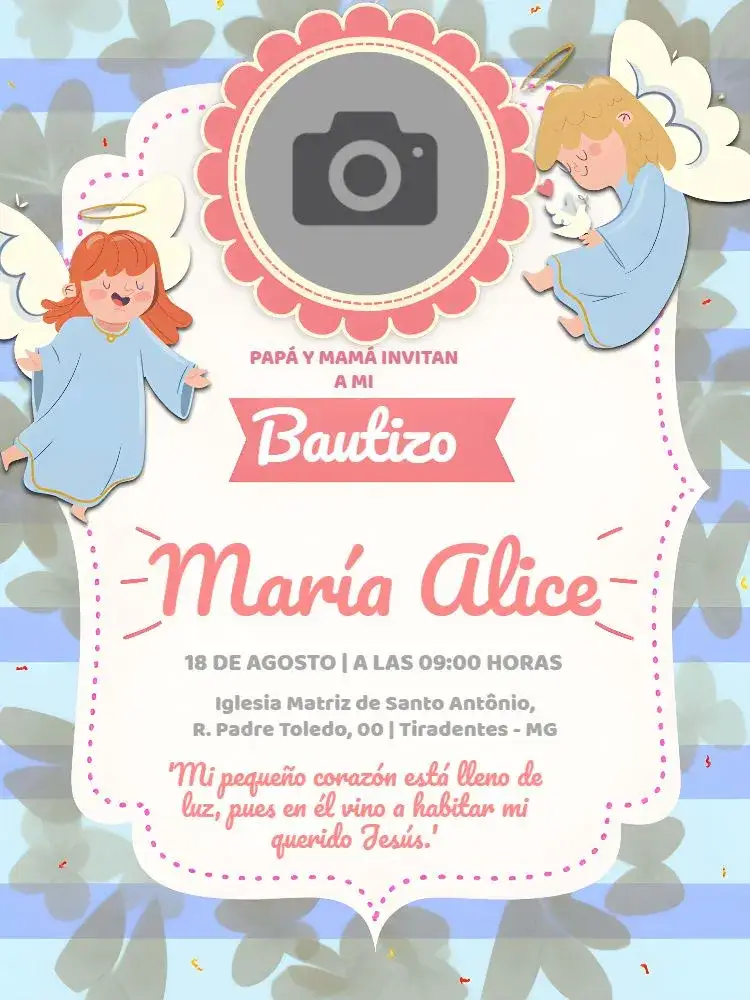Invitación Bautizo Con Foto Iglesia – tema Bautismo rosa, iglesia, ángeles, delicado, moderno