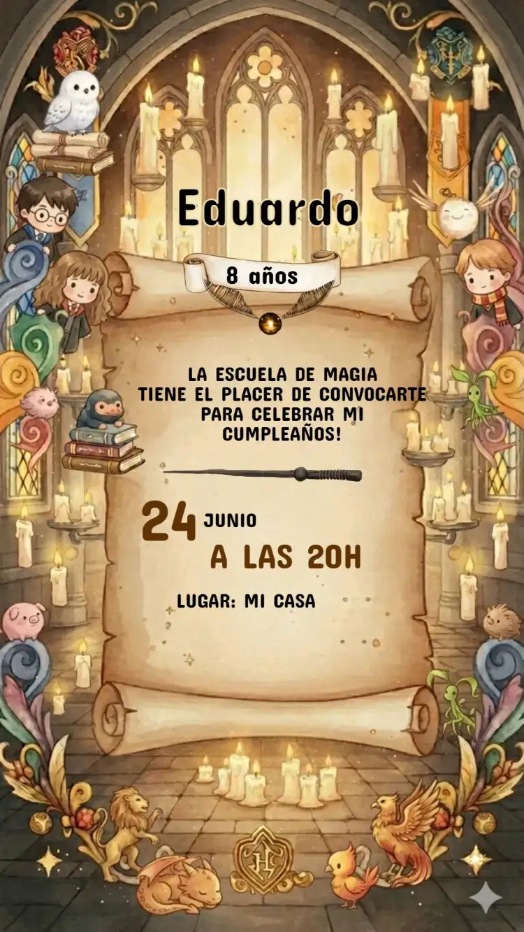 Invitación Invitación Cumpleaños Infantil Harry Potter – tema Cumpleaños Infantil mágico, brujo, fantasía, colorido, divertido, aventura
