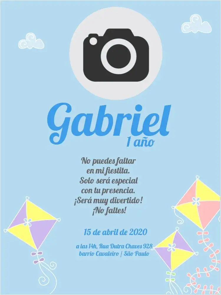 Invitación Pipa 1 Aniversario Celebración – tema Baby Shower infantil, lúdico, nubes, cielo azul, colorido, divertido