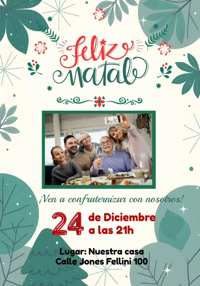 Invitación Fiesta De Navidad Con Foto Familia – tema Fechas Conmemorativas festivo, acogedor, dorado, rojo y verde, minimalista, vintage