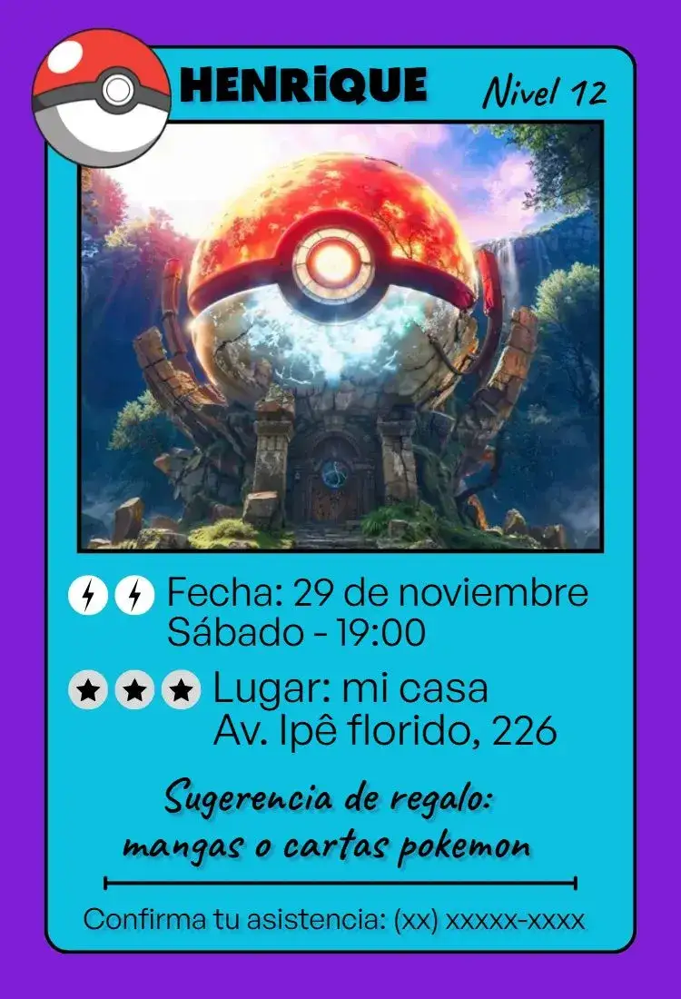 Invitación Cumpleaños Card Pokemon – tema Cumpleaños Infantil colorido, divertido, anime, ilustraciones de Pokémon, jovial, temático