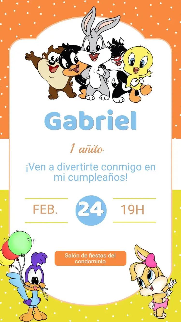 Invitación Invitación Cumpleaños Baby Looney Tunes – tema Cumpleaños Infantil colorido, lúdico, divertido, fantasía, ilustraciones infantiles