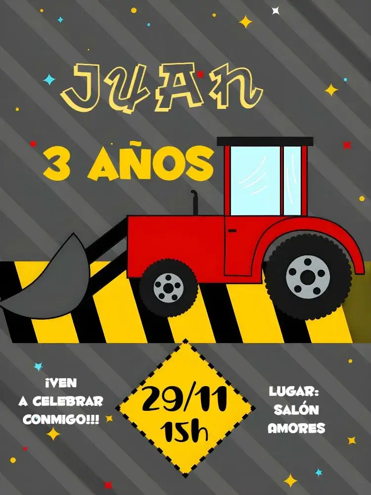 Invitación Construcción Tractor Rojo – tema Té Rifa construcción, vibrante, colorido, infantil, divertido, temático
