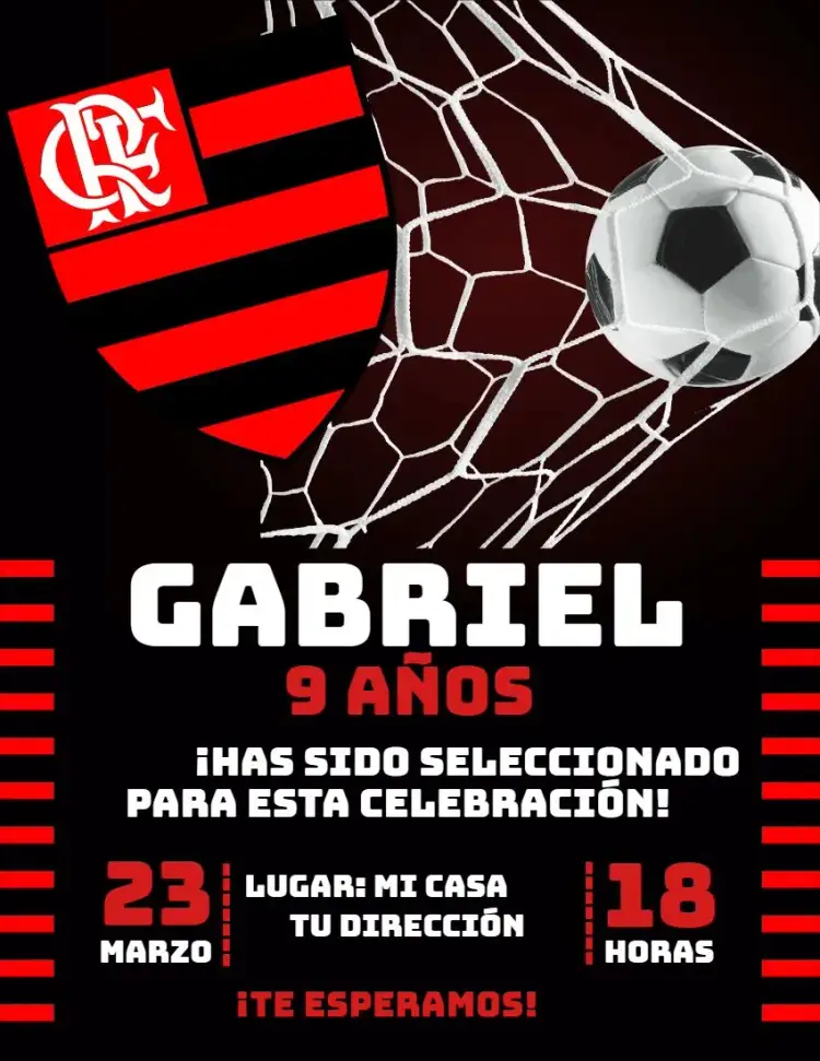 Invitación Flamengo 2 – tema Cumpleaños rojo y negro, fútbol, moderno, divertido, deportivo, colorido