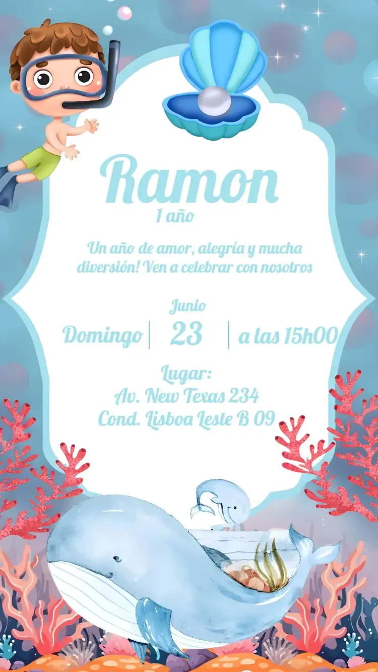 Invitación Fondo Del Mar Acuarela – tema Cumpleaños Infantil acuarela, marino, azul, infantil, temático, divertido