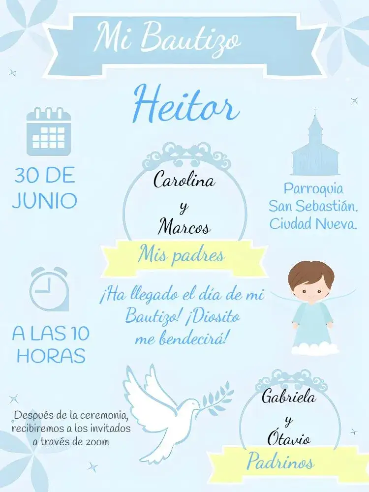 Invitación Bautizo de Angelito – tema Bautismo azul, angelito, delicado, infantil, moderno, minimalista