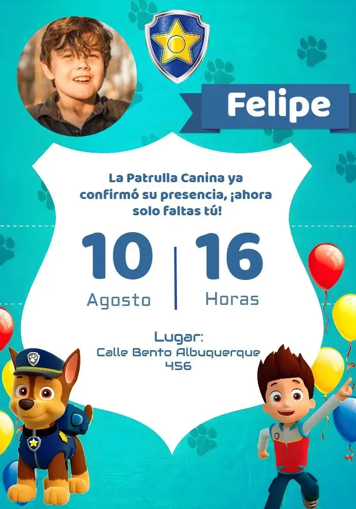 Invitación Patrulla Canina Con Foto Distintivos – tema Cumpleaños Infantil colorido, divertido, infantil, temático, moderno