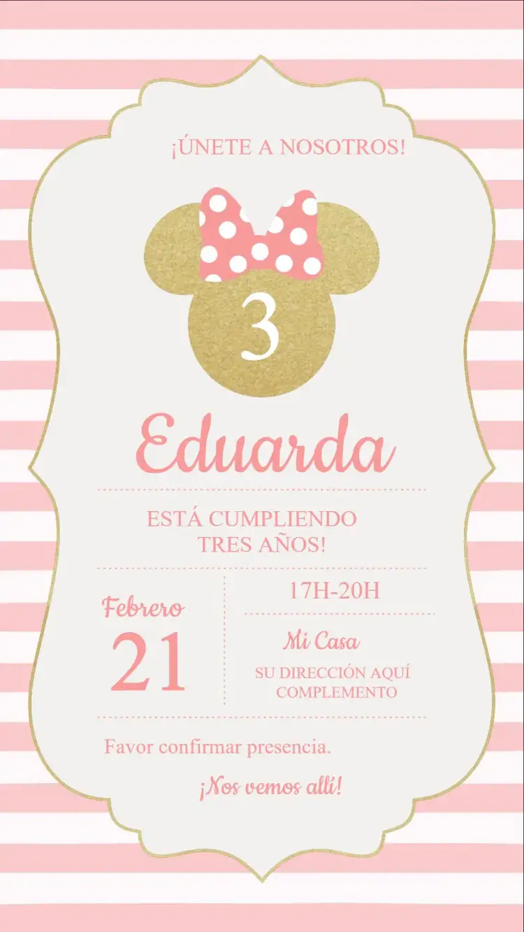 Invitación Minnie Mouse – tema Cumpleaños Infantil rosa, divertido, lúdico, colorido, Disney
