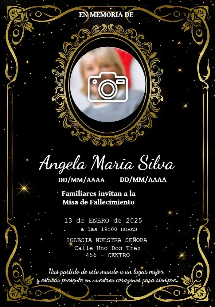 Invitación Misa De Fallecimiento Con Foto Luto – tema Fechas Conmemorativas negro, dorado, blanco, minimalista, elegante, sutil