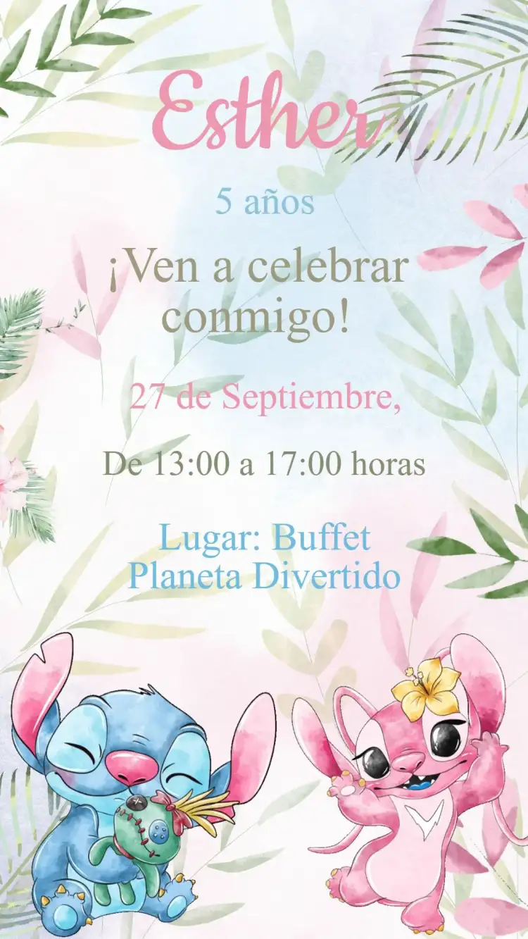 Invitación Cumpleaños Stitch y Angel