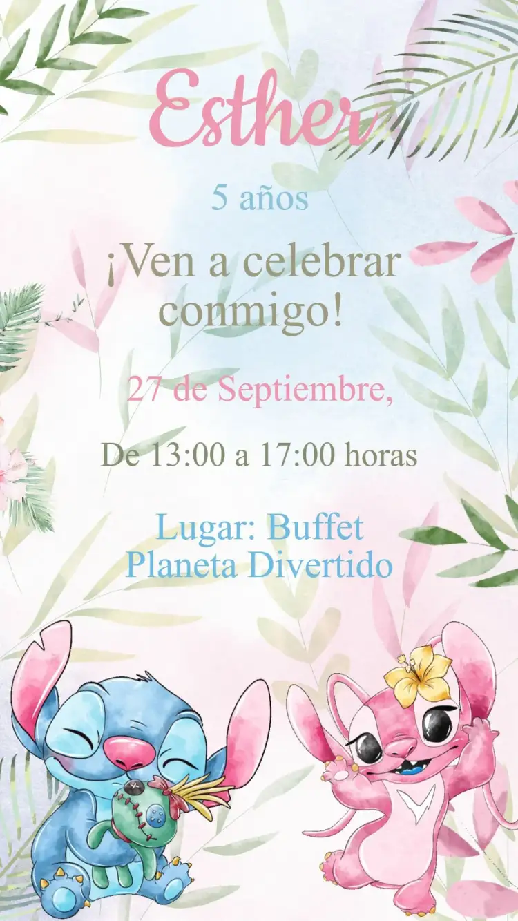 Invitación Invitación Cumpleaños Stitch y Angel – tema Cumpleaños Infantil tropical, colorido, divertido, infantil, praiano