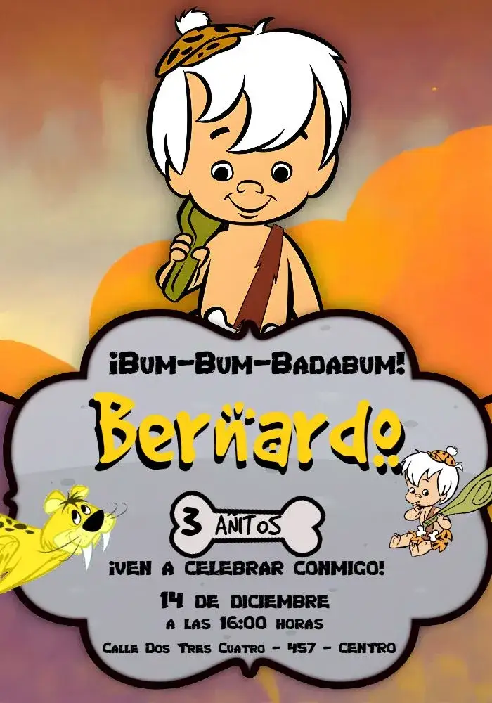 Invitación Bambam Flintstones Negro – tema Cumpleaños Infantil divertido, colorido, temática de los Picapiedra, vintage, infantil, animado