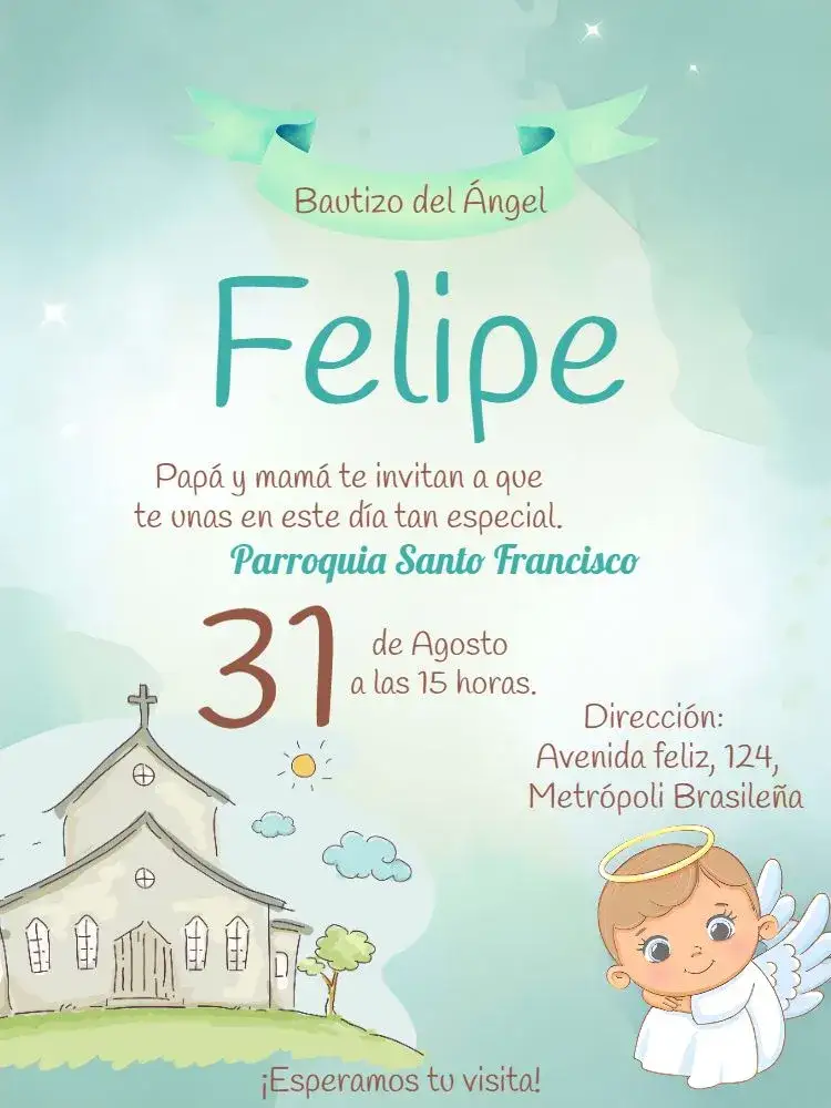 Invitación Bautizo Banner Angelito – tema Bautismo angelito, azul claro, blanco, iglesia, minimalista, infantil