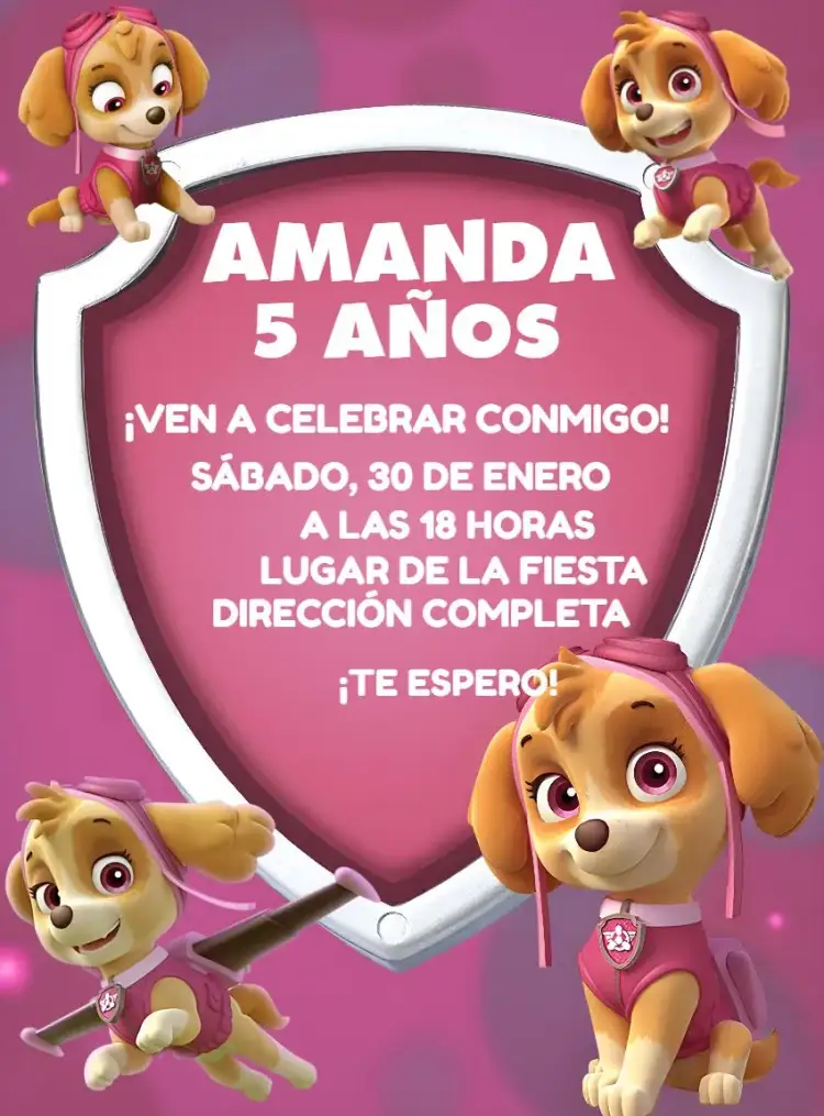 Invitación Skye Patrulla Canina Rosa – tema Cumpleaños Infantil rosa, divertido, infantil, colorido, temático, brincalhão