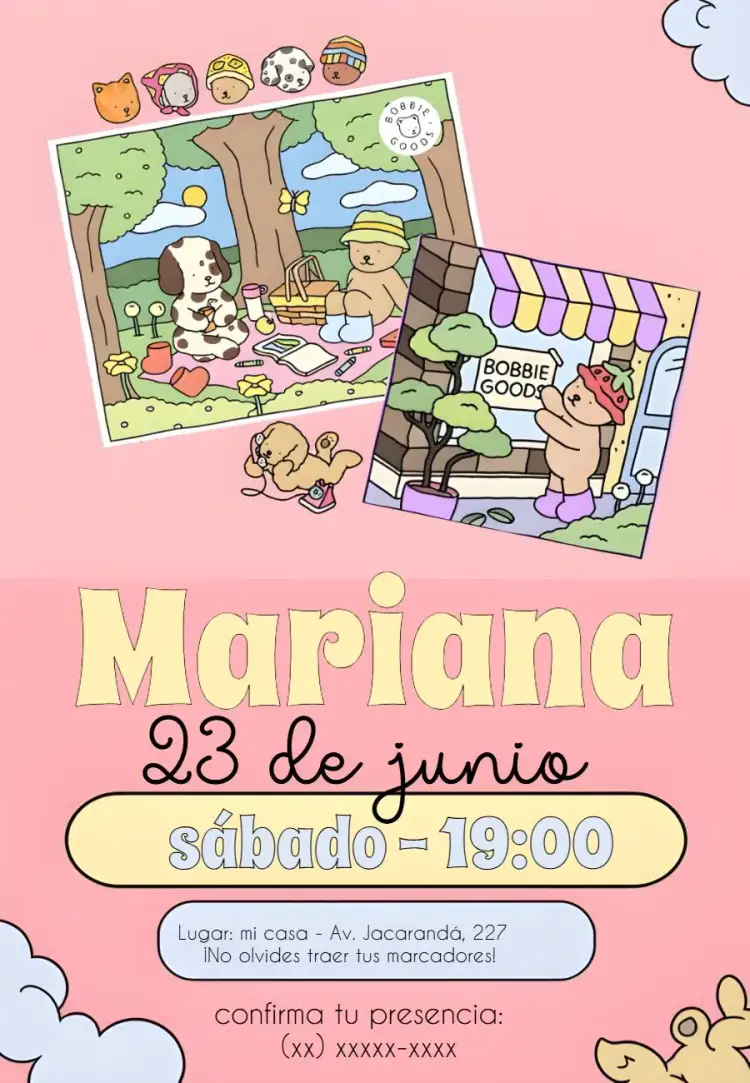 Invitación Bobbie Goods Dibujo – tema Cumpleaños Infantil colorido, infantil, divertido, lúdico, arte, creativo