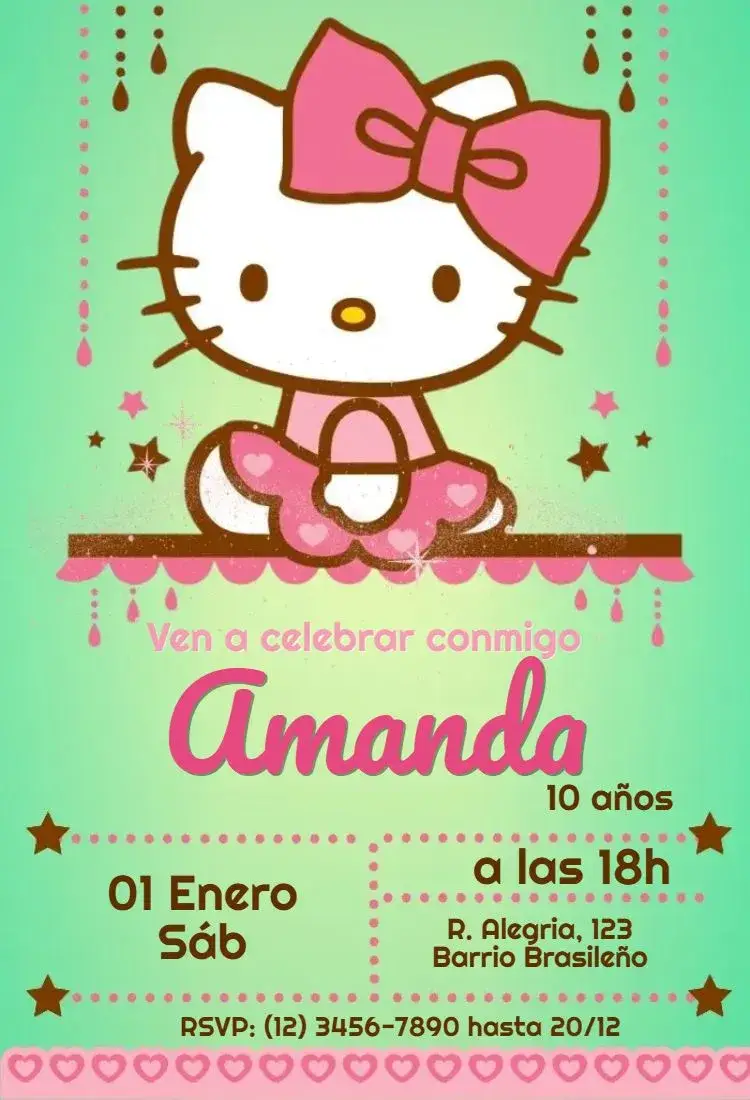 Invitación Hello Kitty Verde y Rosa